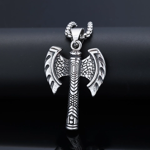 Viking Double Sided Axe Pendant Necklace Stainless Steel Retro Gothic Punk Rock Nordic Mythology Jewelry For Men Boys