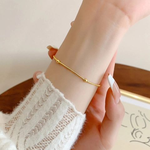 18K Gold Plated Copper Snake Chain Bracelet With Small Round Beads Delicate Minimalist Jewelry For Women Heart Charm