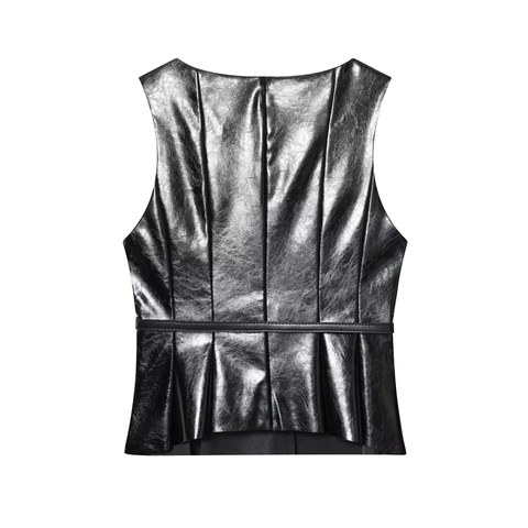 Haut Péplum Sans Manches Similicuir Brillant PU Taille Ceinturée Gilet Style Vintage Pour Femmes Noir