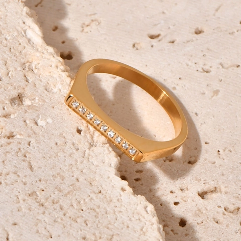 Mode Edelstahl Ring Für Frauen Geometrische D-Form Vergoldet Reihe Zirkonia Minimalistischer Schmuck