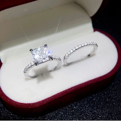 Princess Cut Bridal Ring Set Copper Cubic Zirconia Four Prong Square Wedding Engagement Jewelry Elegant Women Silver Tone Sparkling