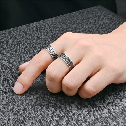 Vintage Titanium Steel Ring Greek Key Pattern Wave Texture Religious Jesus Etched Band Jewelry For Men Women