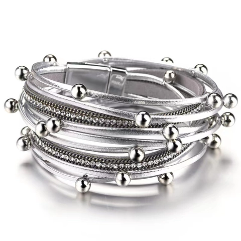 Multi Layer Wrap Bracelet PU Leather Alloy Rhinestone Magnetic Buckle Fashion Jewelry For Women