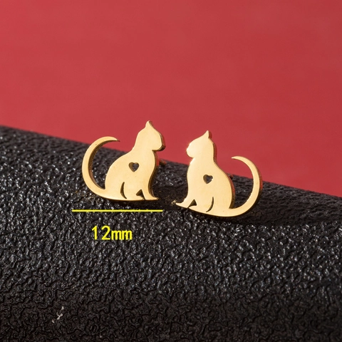 Cute Cat Stud Earrings Stainless Steel Mini Hollow Heart Long Tail Animal Silhouette Jewelry For Women Girls