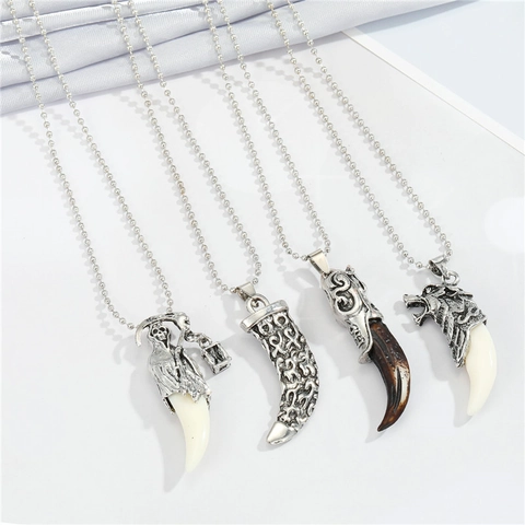 Vintage Gothic Punk Hanger Ketting Retro Wolfskop Skelet Ivoor Slagtand Vorm Legering Hars Etnische Stijl Sieraden Voor Mannen