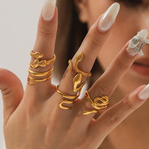 Snake Ring 18K Gold Plated Stainless Steel Open Adjustable Textured Scale Spirit Snake Fashion Jewelry For Women