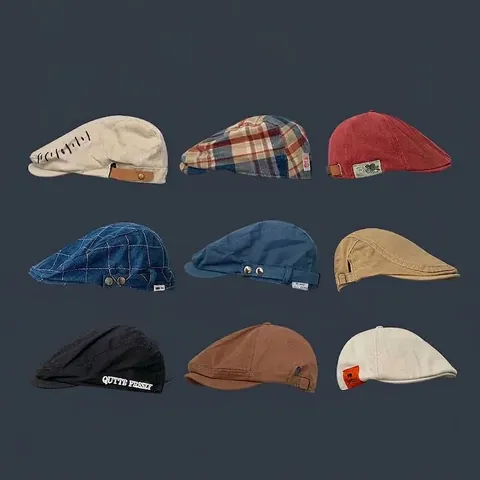 Vintage Newsboy Cap Retro Denim Cotton Beret Hat For Women Men Plaid Embroidery Distressed Ripped Casual Painter Hat