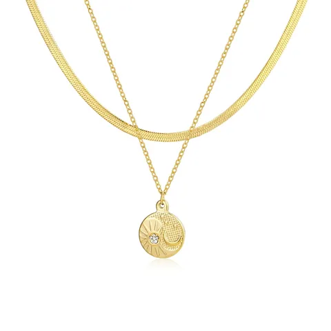 Stainless Steel Double Layered Necklace 18K Gold Plated Snake Bone Chain Evil Eye Sun Pendant Rhinestone Fashion Jewelry For Women