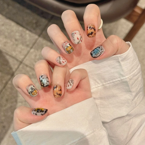 Halloween Handbemalt Künstliche Nägel Zum Aufdrücken Kürbis Fledermaus Spinnennetz Design Kurz Rund Medium Trapezoid Fake Nails