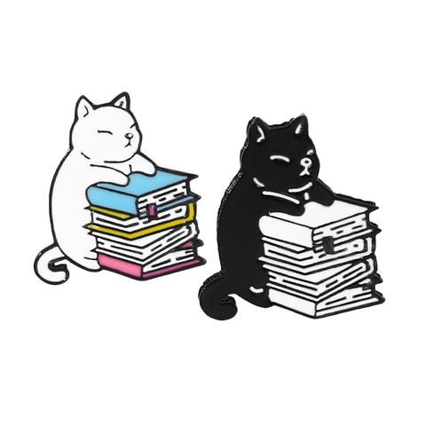 Cartoon Cat Alloy Enamel Pin Cute Reading Black White Cat Brooch Badge For Backpack Clothing Jacket Accessory Jewelry Gift