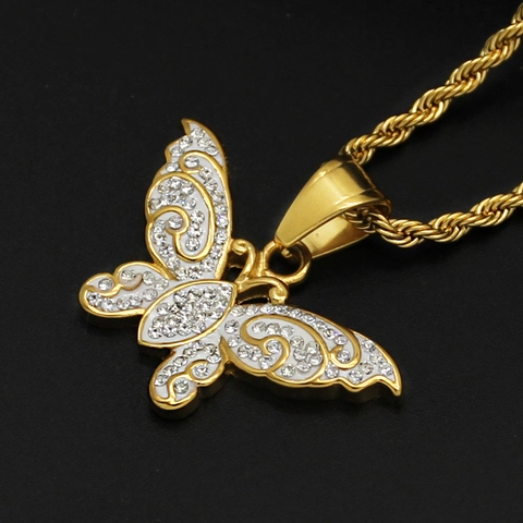 Schmetterling Anhänger Halskette Edelstahl Emaille Strass Hip Hop Schmuck Golden Kreatives Geschenk Accessoire
