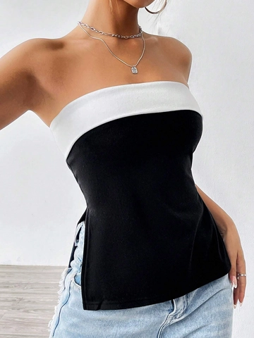 Women Color Block Tube Top Polyester Spandex Slim Fit Strapless Bandeau Top With Side Slit Summer Sexy Hot Girl Style