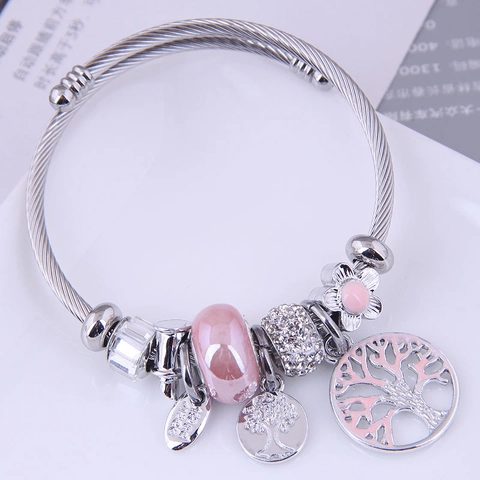 Tree Of Life Charm Bracelet Stainless Steel Wire Alloy Bangle With Crystal Enamel Beads Bohemian Jewelry For Women