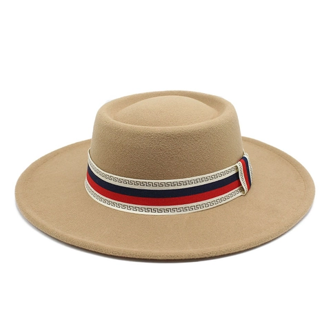 Vintage British Style Wool Felt Hat Wide Brim Flat Top Fedora With Geometric Ribbon For Men Women Autumn Winter Accessory