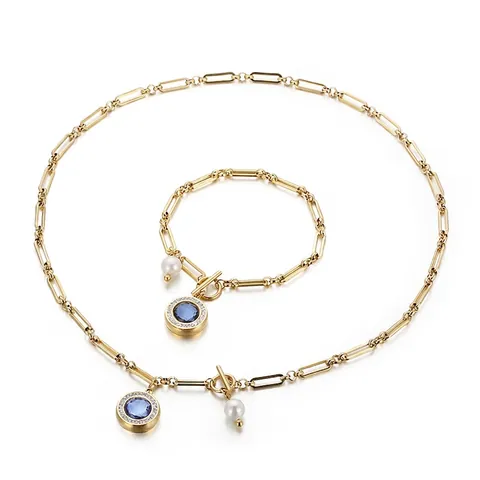 Stainless Steel Jewelry Necklace And Bracelet Round Crystal Rhinestone Artificial Pearl Paperclip Chain Toggle Clasp Elegant Fashion Women