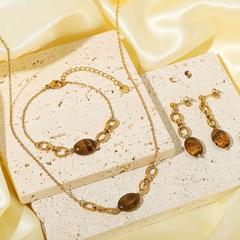 Vintage Tiger Eye Stone Necklace Bracelet And Earrings Women Stainless Steel 18K Gold Plated Jewelry Hypoallergenic