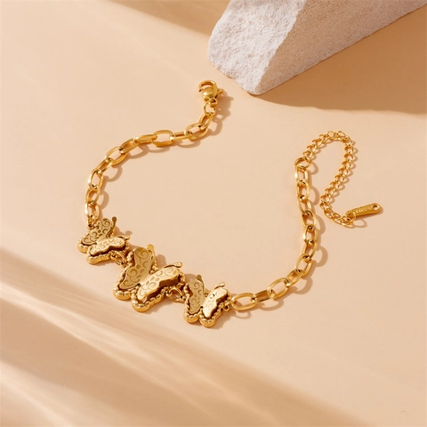Bracciale A Catena Con Farfalla Placcato Oro Acciaio Inossidabile Inciso Cavo Elegante Gioielli Retro Per Donna