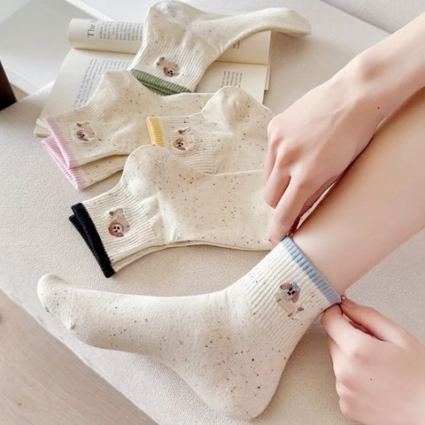 Calcetines De Algodón Peinado Para Mujer Con Bordado De Perro Hilo Moteado Puños En Color Contraste Estilo Japonés Kawaii