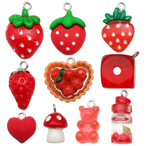 Ciondoli In Resina Frutta Animali Cuore Con Asole In Metallo Per DIY Produzione Gioielli Accessori Portachiavi Serie Rossa
