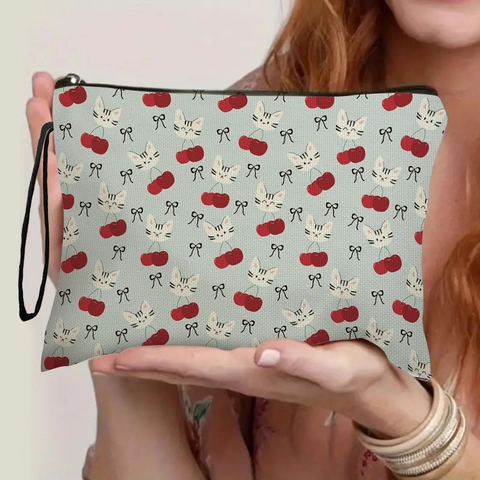 Neceser De Lino Con Estampado De Gato Y Cereza Bolsa De Maquillaje Portátil Con Cremallera Y Correa De Muñeca Para Mujeres