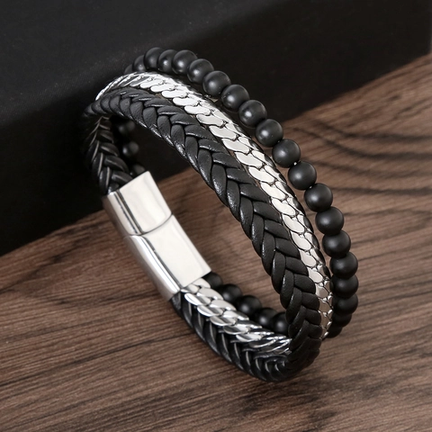 Bracelet Multicouche Pour Homme Avec Chaîne En Acier Inoxydable Cuir Tressé Et Perles D'obsidienne Mate Fermoir Magnétique