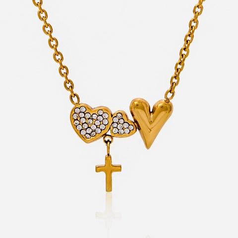 Collana Con Pendente In Acciaio Inossidabile Placcato Oro 18K Con Ciondoli A Cuore Di Strass E Croce Gioielli Per Donna