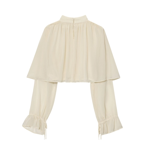 Women Artificial Pearl Chiffon Blouse Mock Neck Layered Cape Design Elegant Solid Color Long Flare Sleeve Ruffle Cuff Top