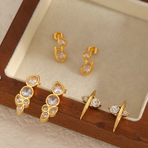 Roestvrijstalen Oorknopjes Met Zirkonia 18K Verguld Geometrisch Druppel En Cluster Elegante Mode Sieraden Voor Dames