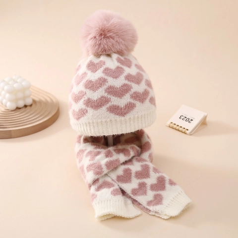 Baby Winter Warm Knit Hat And Scarf Set Heart Jacquard Faux Fur Pom Pom For Newborn Girls