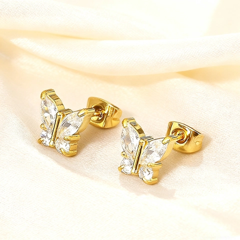 Orecchini A Lobo Zircone Farfalla Trifoglio Stella Fiocco Acciaio Al Titanio Placcato Oro 18K Elegante Donna Gioielli