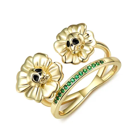 Anello S925 Argento Sterling Placcato Oro Teschio Girasole Rétro Gotico Strass Verde Hip Hop Unisex Gioielli di Moda
