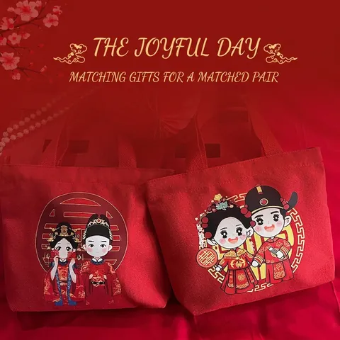 Bolsa De Regalo De Boda De Lona Roja Bolso De Mano Recuerdo Tote Dibujos Animados Novios Chinos Tradicionales Impreso