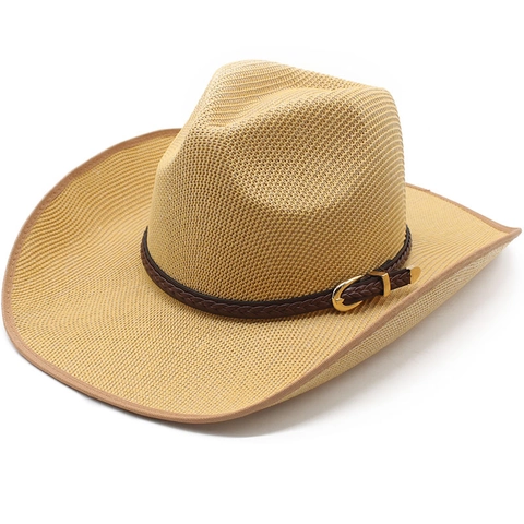 Western Cowboy Straw Hat With Woven Belt Metal Buckle Wide Brim Breathable Retro Summer Beach Sun Protection Travel Hat