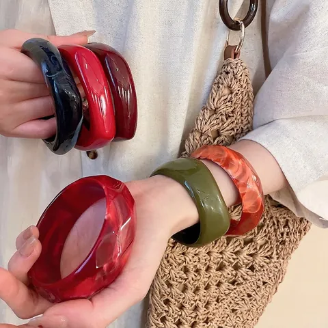 Chunky Acrylic Resin Bangle Bracelet For Women Vintage Geometric Faceted Wide Marble Texture Minimalist Boho Jewelry