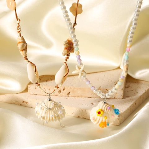Starfish Natural Shell Pendant Necklace Bohemian Beach Ocean Style Beads Artificial Pearl Handmade Jewelry For Women
