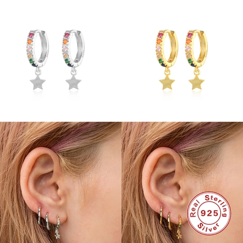 925 Sterling Silver Star Pendant Hoop Earrings With Colored Zirconia Simple Fashion Ins Style Ear Buckle Jewelry For Women