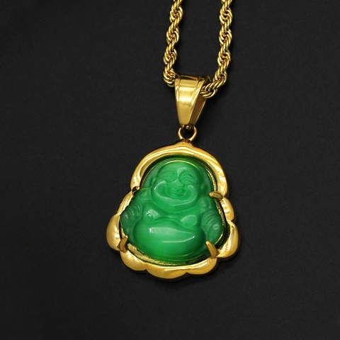 Laughing Maitreya Buddha Pendant Necklace Gold Plated Stainless Steel With Colorful Cat Eye Stone Retro Jewelry For Women