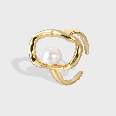 Bague Réglable Style Français en Cuivre Plaqué Or Avec Perle Artificielle Design Géométrique Ovale Bijoux de Mode pour Femmes