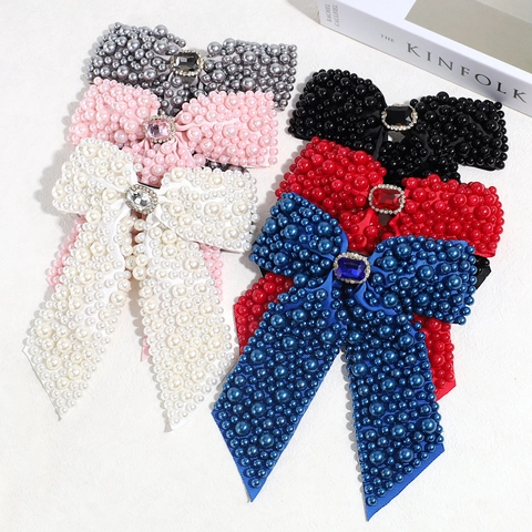 Oversized Bow Hair Clip Satin Ribbon Faux Artificial Pearl Rhinestone Elegant Gemstone Barrette Spring Clip Hair Accessory
