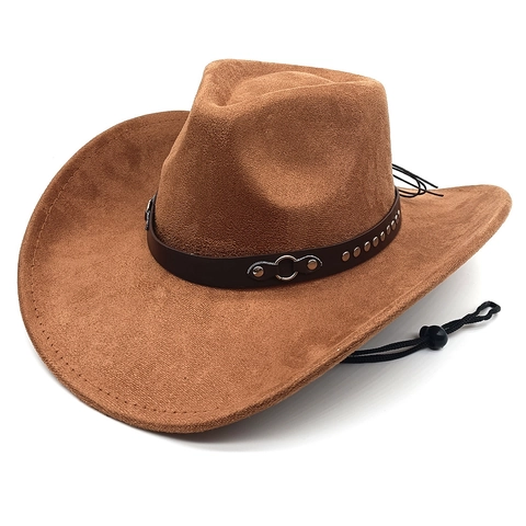 Sombrero De Vaquero Occidental Ala Ancha Fedora Ante Con Banda Cuero Remaches Cordón Ajustable Para Viento Unisex