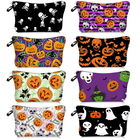 Halloween Pumpkin Skull Print Makeup Bag Polyester Zippered Large Capacity Portable Toiletry Pouch Travel Storage For Women