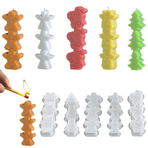 Christmas Silicone Mold 3D Stacked Angel Reindeer Gingerbread Man Santa Tree For Candle Making Resin Casting DIY Craft