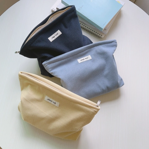 Corduroy Cosmetic Makeup Pouch With Cotton Canvas Lining Simple Solid Color Zipper Travel Organizer Clutch Bag Women