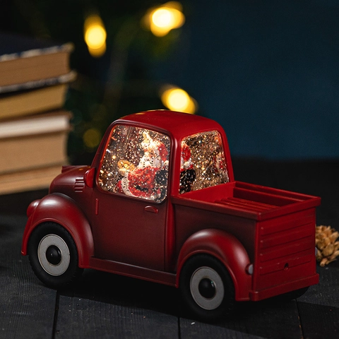 Vintage Red Truck Christmas Snow Globe Lantern Santa Claus LED Musical Water Glitter Home Holiday Tabletop Decoration