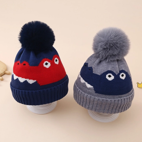 Berretto In Maglia Per Bambini Acrilico Foderato In Pile Dinosauro Cartone Animato Inverno Caldo Con Pompon
