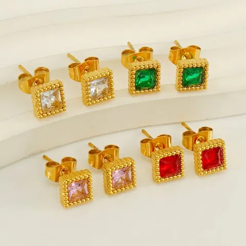 Boucles D'Oreilles À Clous En Zircon Carré Acier Inoxydable Plaqué Or 18K Géométrique Vintage Pour Femme