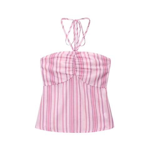 Women Striped Halter Neck Crop Top And Wide Leg Pants Casual Summer Streetwear Sleeveless Polyester Clothing Outfit