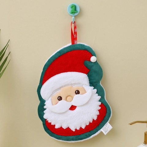Christmas Cartoon Hanging Hand Towel Absorbent Coral Fleece Kitchen Embroidered Festive Holiday Home Decor