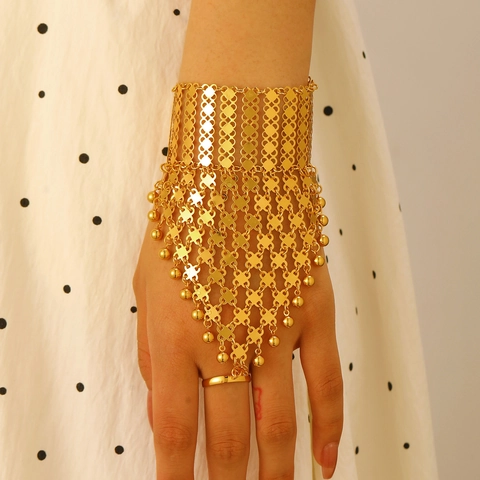 Vintage Middle Eastern Ethnic Gold Hand Harness Finger Ring Bracelet For Women Belly Dance Wedding Party Jewelry Accessories