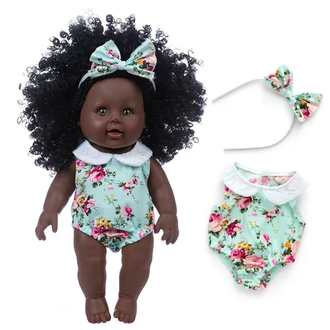 Simulation African American Baby Doll Vinyl Realistic Toy With Afro Hair And Floral Clothing For Kids Soothing Gift